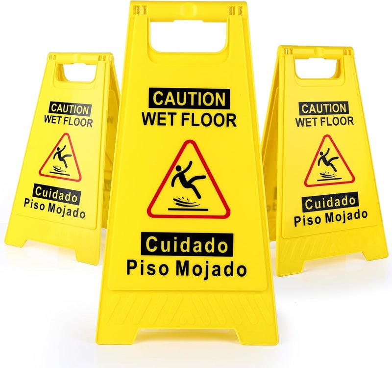 WOUSEDO 3-Pack Caution Wet Floor Sign,17.5" Height,Bright Yellow Double-Sided Folding A-Shaped Frame Design, Bilingual Caution Message - Image 1